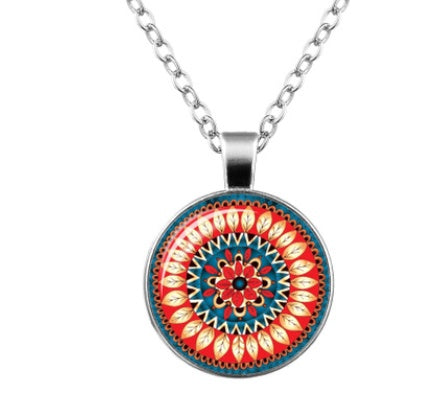 Mandala Flower Time Gemstone Glass Pendant Necklace Jewelry