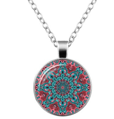 Mandala Flower Time Gemstone Glass Pendant Necklace Jewelry