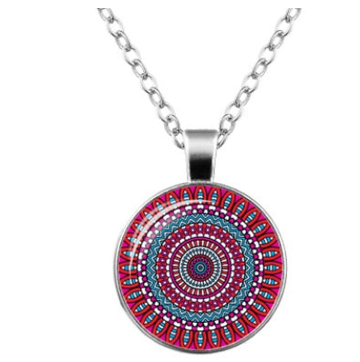 Mandala Flower Time Gemstone Glass Pendant Necklace Jewelry