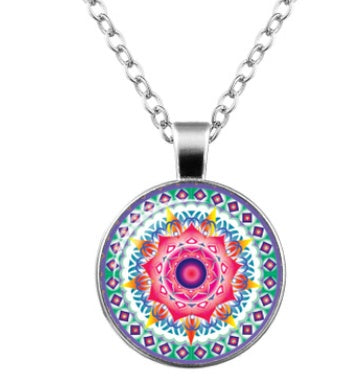 Mandala Flower Time Gemstone Glass Pendant Necklace Jewelry