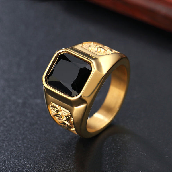Jewelry Golden Dragon And Phoenix Gemstone Titanium Steel Ring