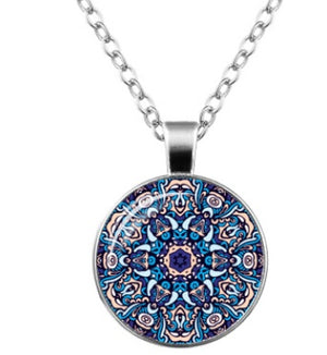 Mandala Flower Time Gemstone Glass Pendant Necklace Jewelry