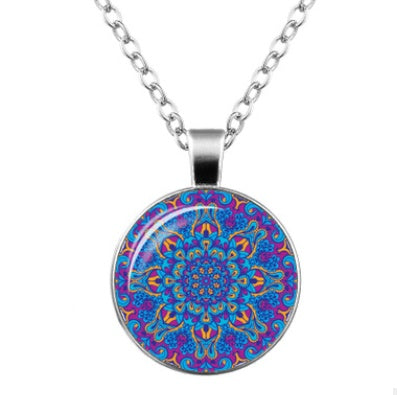 Mandala Flower Time Gemstone Glass Pendant Necklace Jewelry